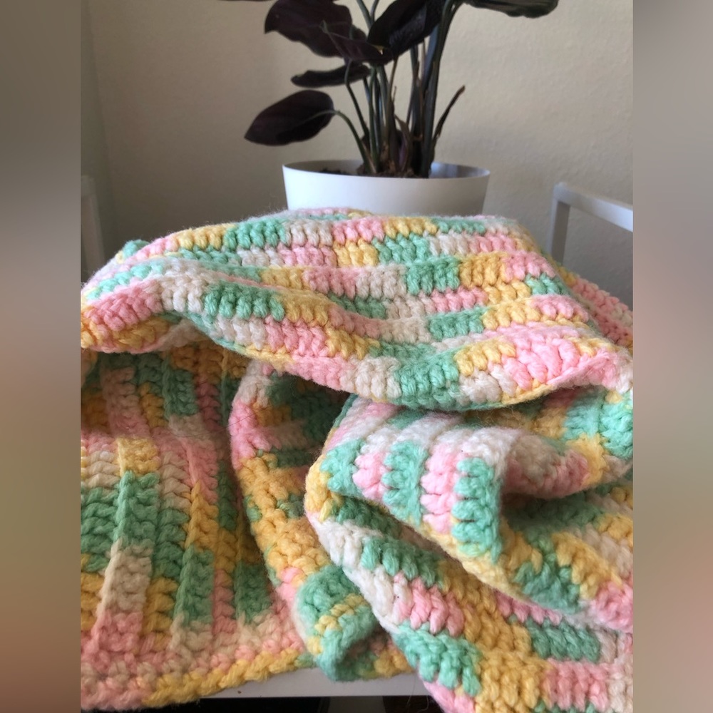 Hand Crocheted Blanket 39”x 27” Yellow/White/Pink/Teal Lap Baby Blanket
